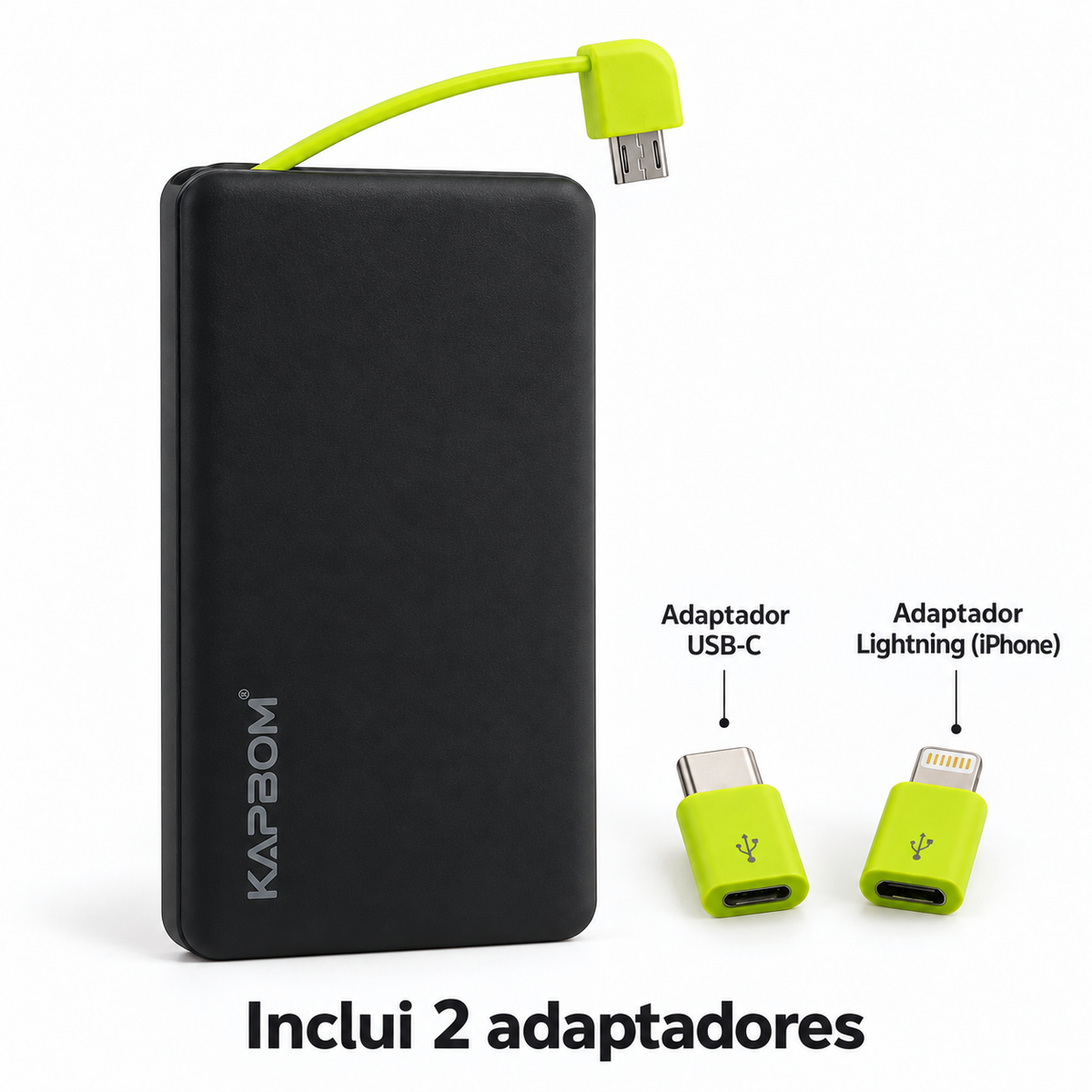 Carregador Portátil Kapbom KA-951 10000mAh com Adaptadores USB-C e Lightning Preto